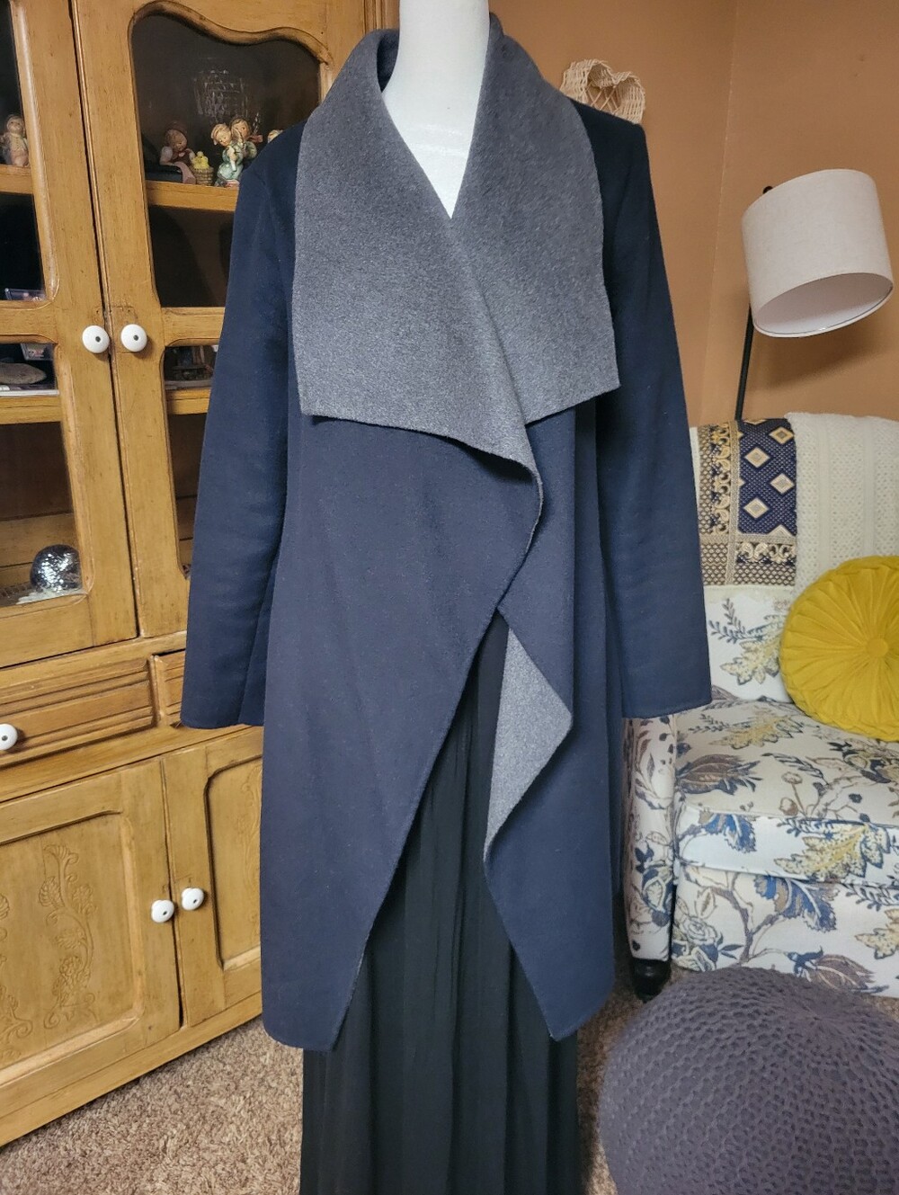 MICHAEL Michael Kors Black Coat with Gray Shawl Collar Wool Blend Sz L